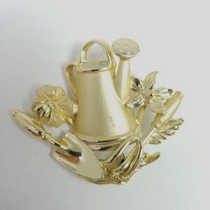 Vintage AJC Gardening Brooch, Gold Tone Watering Can, Spade Trowel and Flowers